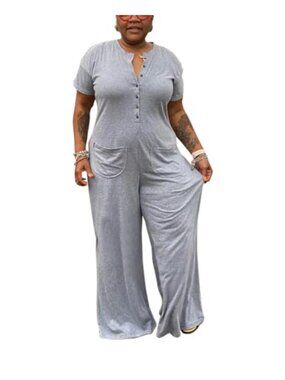 Plus Size Short Sleeve Button Up Wide Leg Jumpsuit Loose Fit Romper
